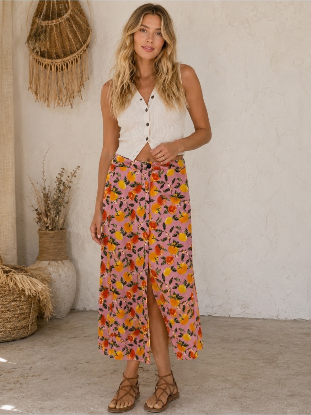 Twik Pink Citrus Print Maxi Skirt Button Front Slit Boho Summer Size S